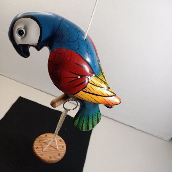 Brightly painted Ceramic Parrot on Wooden Perch/Swing Cottage core
